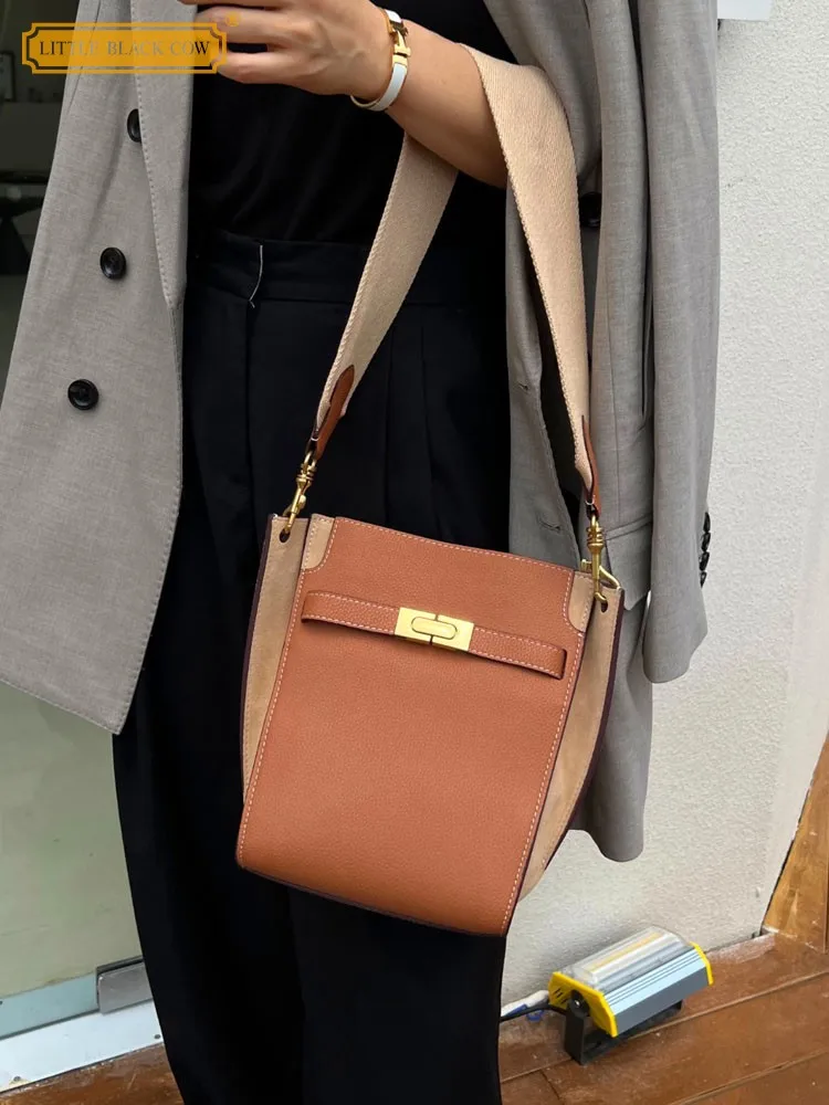 Office Ladies Genuine Leather Bucket Bag Vintage Softshell Cowhide Comfortable Wide Strap Shoulder Bag Designer Crossbody Bags