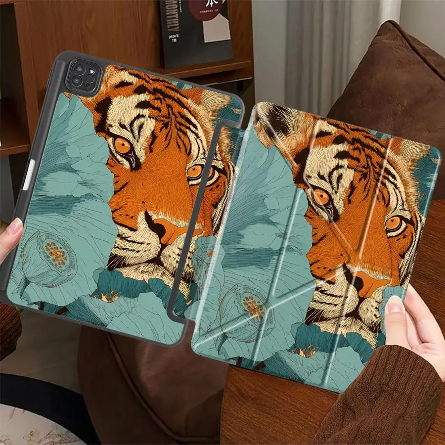 

Чехол для планшета iPad Pro 11-го, 10-го, 9-го, 8-го, 7-го поколений, 12.9 дюймов Pro 2025, Mini 6, 7, Air 4, 5, M3, M2, M4, 11 дюймов, с держателем, дизайн «Крутой Тигр»