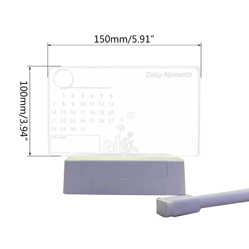 Planificador calendario acrílico transparente, calendario perpetuo reutilizable, tablero acrílico con luz LED y rotulador