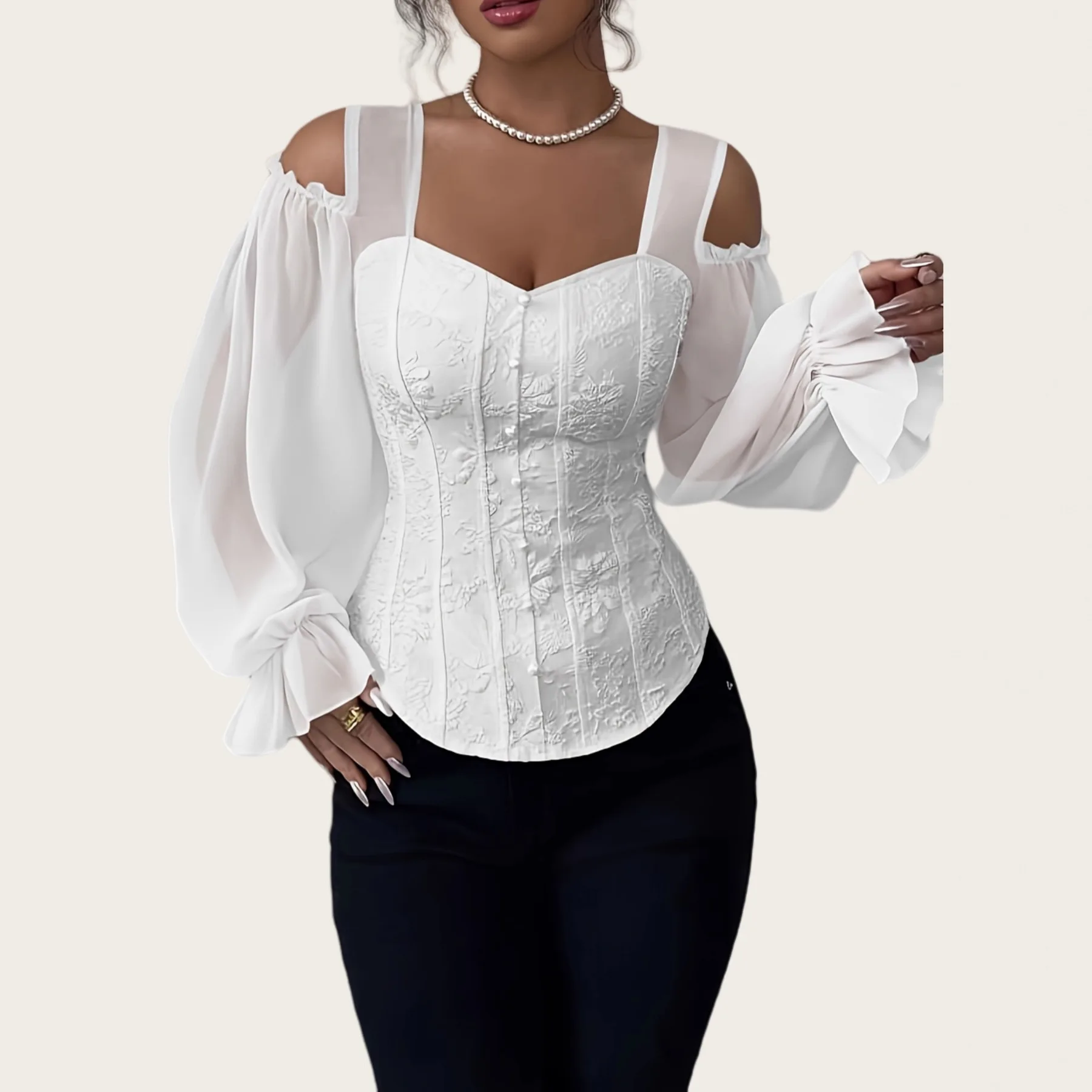 Sexy Off Shoulders Jacquard Skinny Shirt & Blouse Women's Elegnt Square Collar Petal Sleeves Shirts White Patchwork Tops Femme