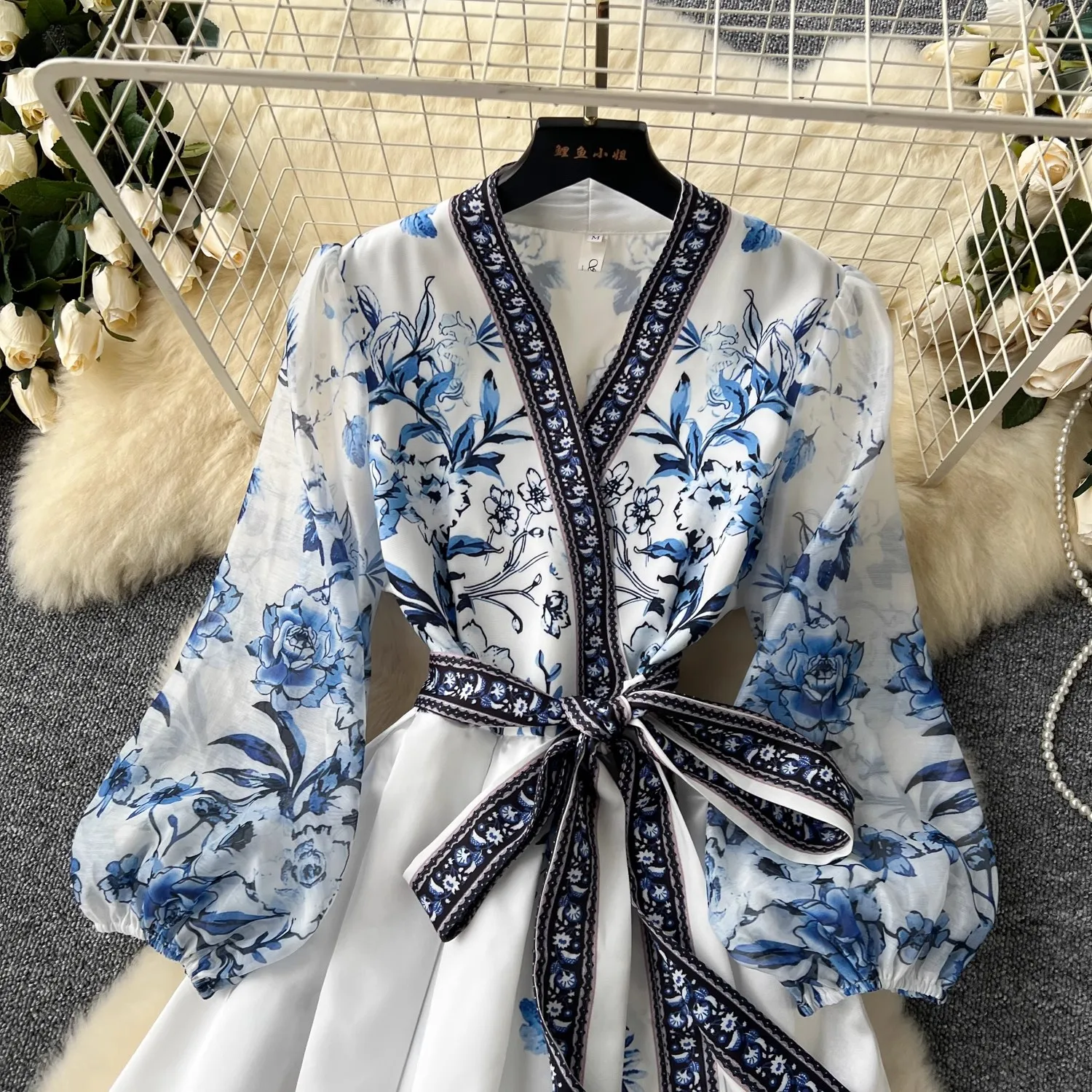 French Gorgeous Flower Holiday Long Dress Women\'s V-Neck Long Lantern Sleeve Lace Up Vintage Maxi Robes Party Vestidos Clothes