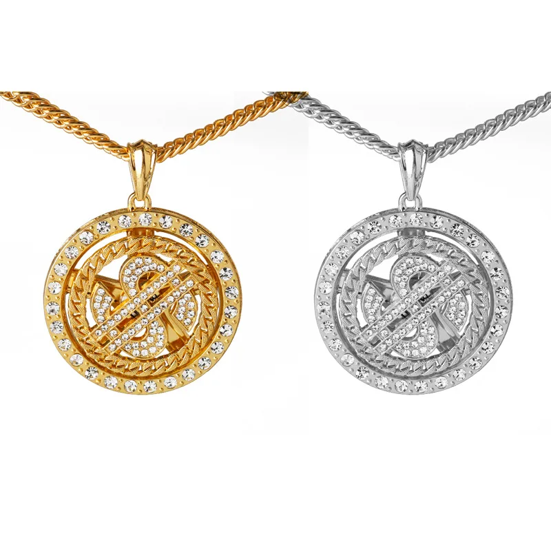 Fashion Crystal Big Raotatable US Dollar Necklace Money Sign Pendant Necklace Men Hip Hop Jewelry