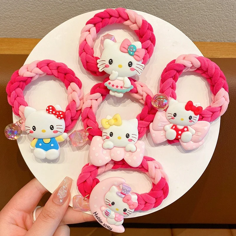 Kreskówka Śliczny kolorowy splot Kucyk Sznur do włosów Hello Kitty Opaska do włosów Kreatywne elastyczne gumki Dziewczyna Słodkie akcesoria do włosów