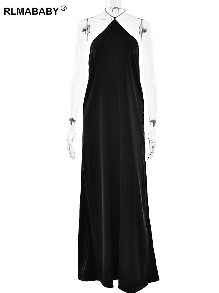 RLMABABY Elegant Sexy Backless SequinsHalter Women Maxi Dress Summer Off Shoulder Thigh High Split Party Satin Gown Long Dress