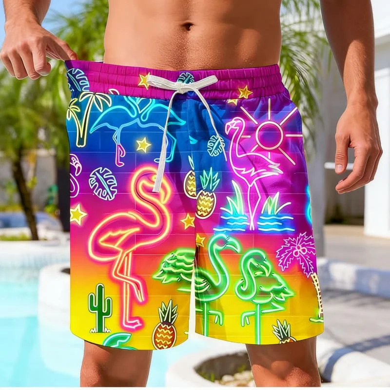 

Drawstring Miami Vibes Neon Sunset Chic Flamingo Print Beach Shorts Summer Trendy Vacation Holiday Outfit Wear