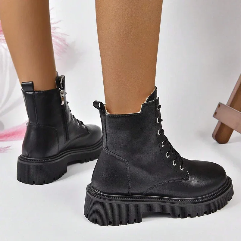 Stiefeletten für Damen, Winter 2025, Schnürung, Pu-Leder, Motorrad, Damen, Übergröße, kurze Stiefeletten, Schuhe, dick, warm, lang, Plüsch