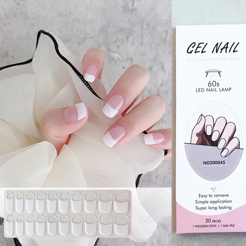 20Tips Semi-Cured Gel Nail Polish Strips Adhesive Full Cover Gel Nail Art StickerFashion Manicure Press On Nails UV Lamp Need