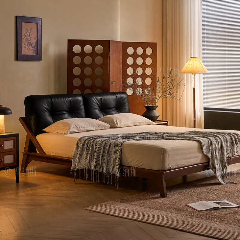 king size genuine leather Double bed 180x200cm mid-century solid wood full size bed frame camas matrimoniales designer furniture