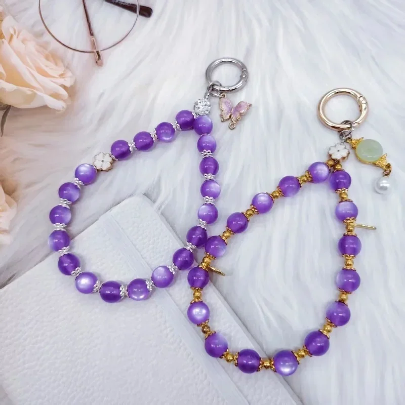 Retro hohe Luxus Cat Eye lila Handykette kurze Telefon hängen Seil handgemachte Perle Sicherheit hängende Dekoration