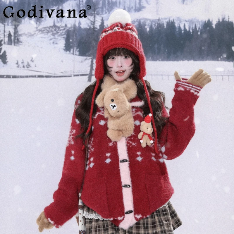 المخملية عيد الميلاد سترة حمراء المرأة الشتاء سميكة الدافئة سترة معطف الإناث النمط الياباني الحلو فضفاض سترة متماسكة #4