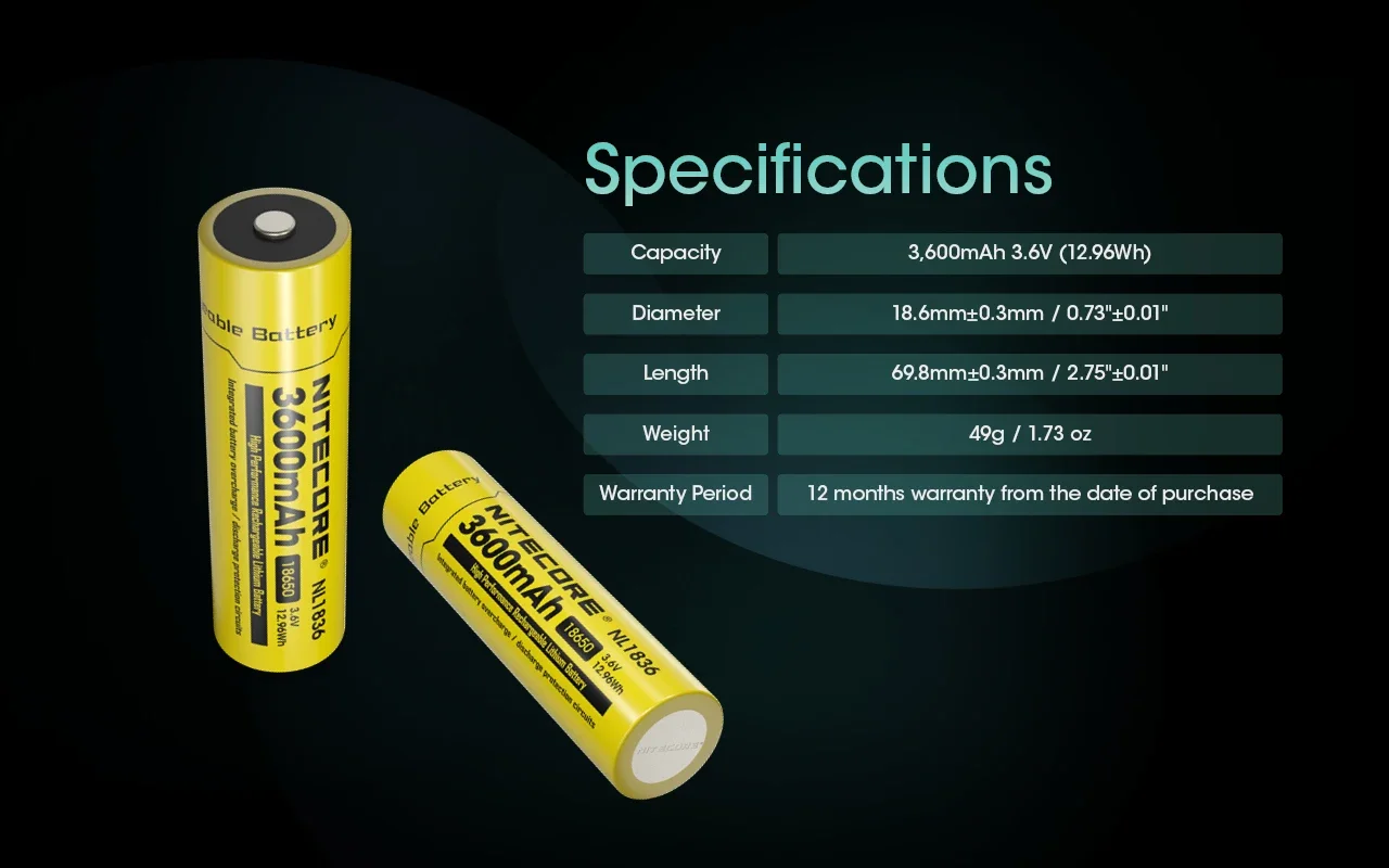 NITECORE NL1836 18650 3600mAh 3.6V 12.6Wh Rechargeable Li-on Battery
