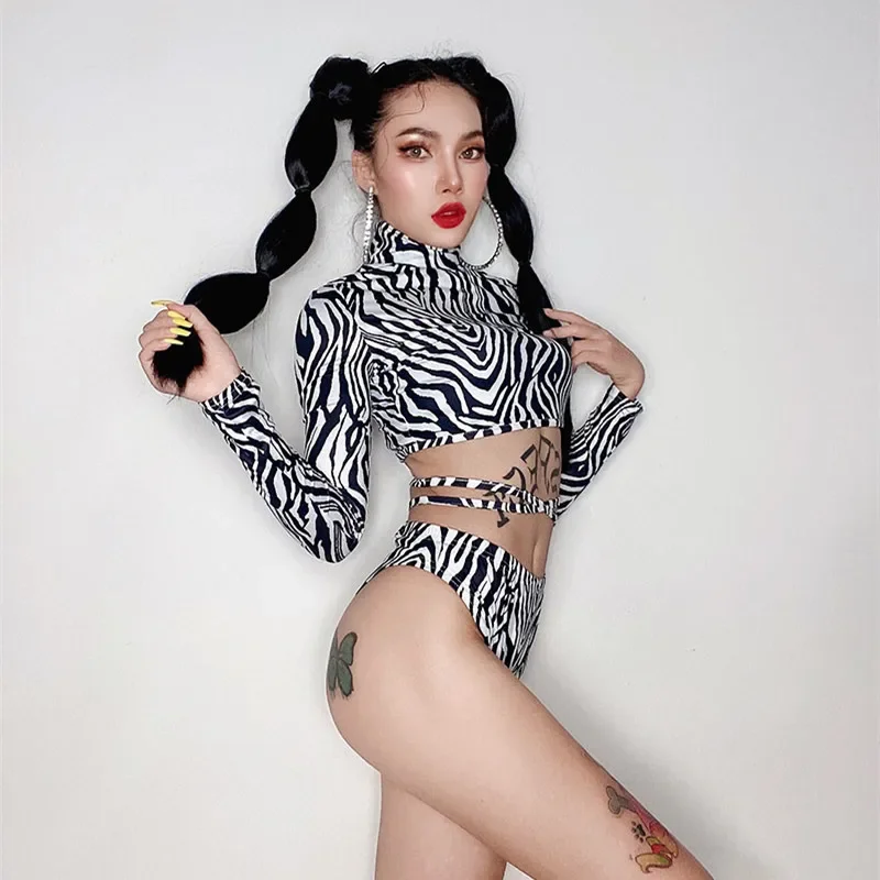 バーナイトクラブゴーゴーショーコスチュームゼブラ柄ビキニ2ピースセットDJ女性ダンサーポールダンスステージウェアレイブパフォーマンス衣装