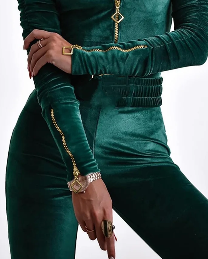 Solid Color Fashion Temperament Zipper Design Pleated Long Sleeved Velvet Texture Slim Fit Jumpsuit Elastic Waistband Long Pants
