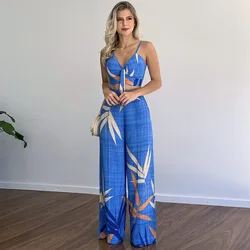 Women's 2023 New Linen Imitation Casual Suit V-neck Short Vest High-waist Printed Wide Leg Pants Two-piece Set