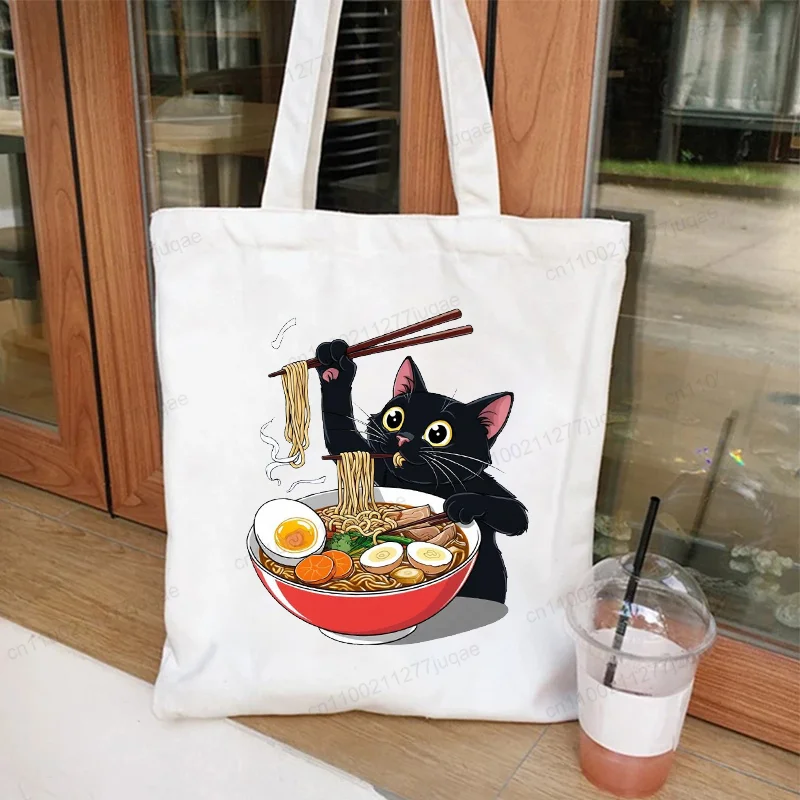 Ramen Cat Anime Graphic Women Canvas Shoulder Tote Bag Cartoon Animal Kitten Lover Funny Shopping Bag Students Reusable Handbags