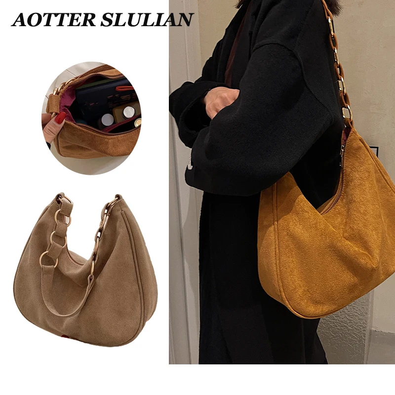 Women Autumn Winter Suede Crescent Single Shoulder Bags Travel Commute Retro Underarm Handbag Large Capacity Bucket Bolsos Bag