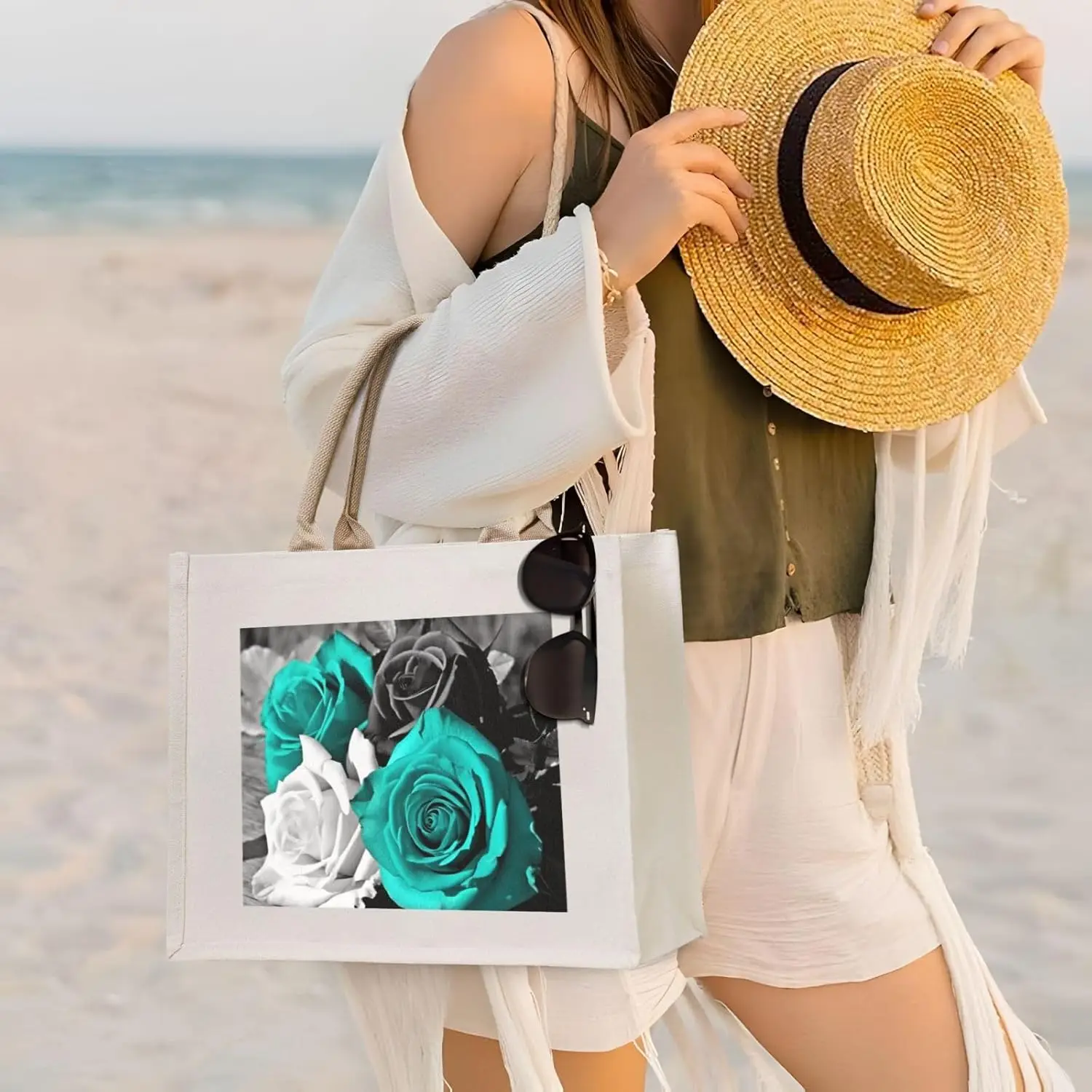 Black White Teal Gray Rose Flowers printed Canvas Carrying Tote Bag Fashion Handbag Shoulder Shopping Bag