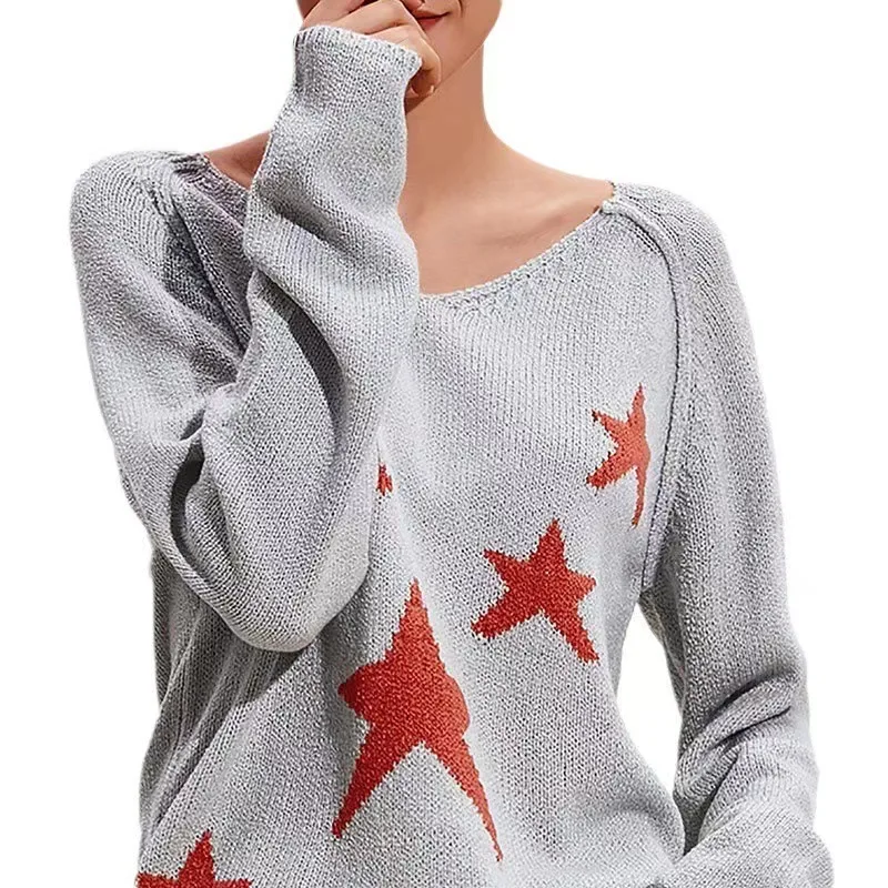 

New European and American Style Loose Lazy Top Elegant Versatile Women's Knit Sweater Pullover Printed Long Sleeve In Stock