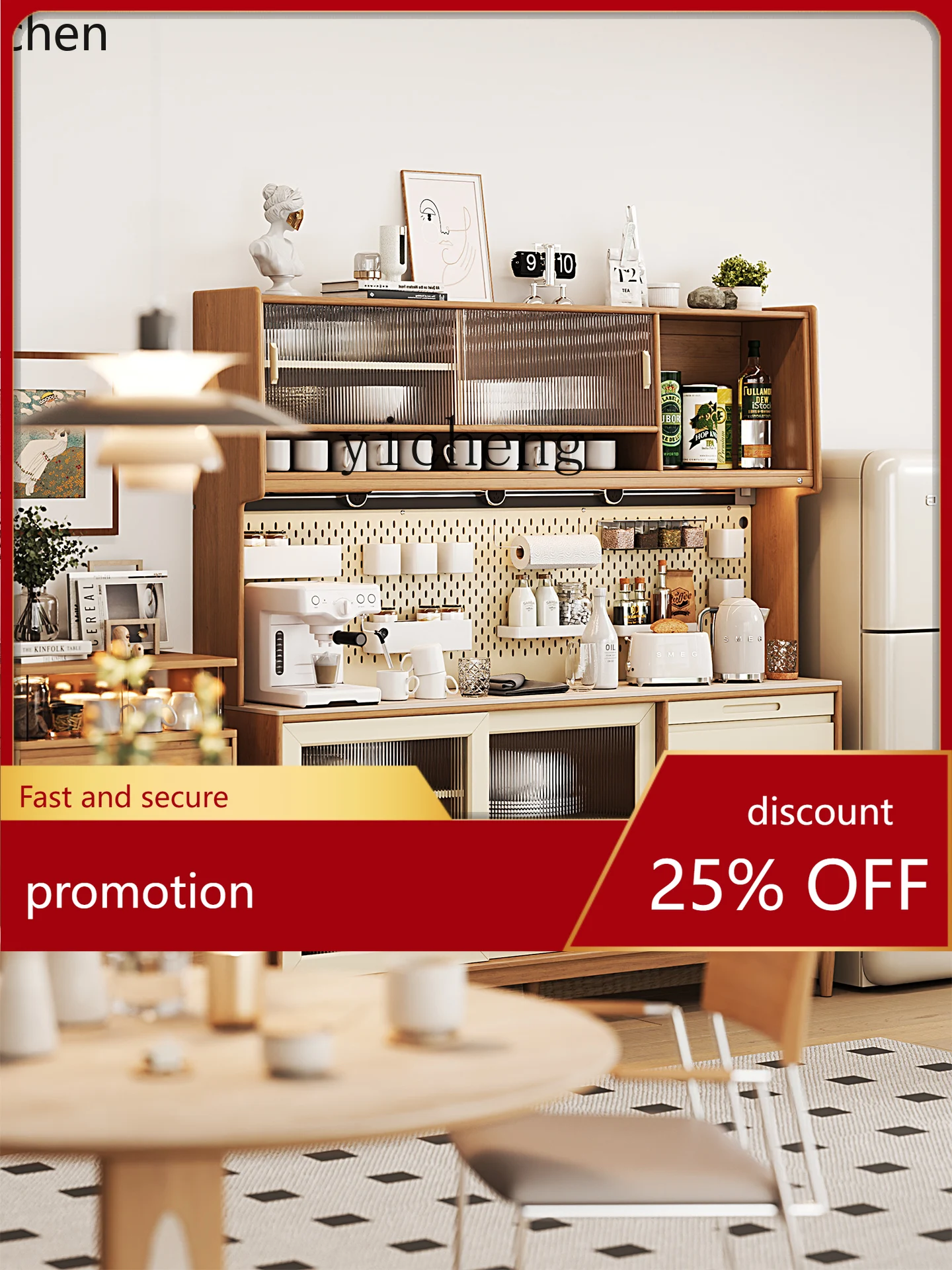 

CZ Solid Wood Sideboard Wall-Mounted Integrated Storage Cabinet Color-Block Travertine Multifunctional Storage Cabinet