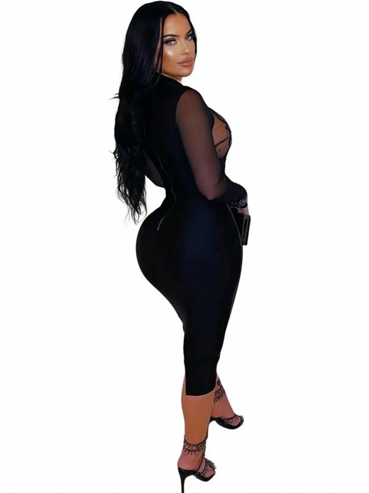 ชุดเดรสยาวแขนยาวสีดำแบบหรูหรา ปี 2026 เสื้อผ้าผู้หญิง ชุดลำลองสำหรับงานปาร์ตี้ งานเลี้ยงตอนเย็น ชุดเดรสทรงดินสอซีทรูวิบวับ เซ็กซี่