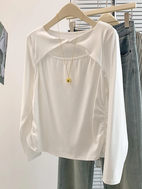 Authentic Autumn New Style Long Sleeve Base Shirt Korean Design Anti-Aging Versatile Subtle Trick Ladies T-Shirt Linen Fabric