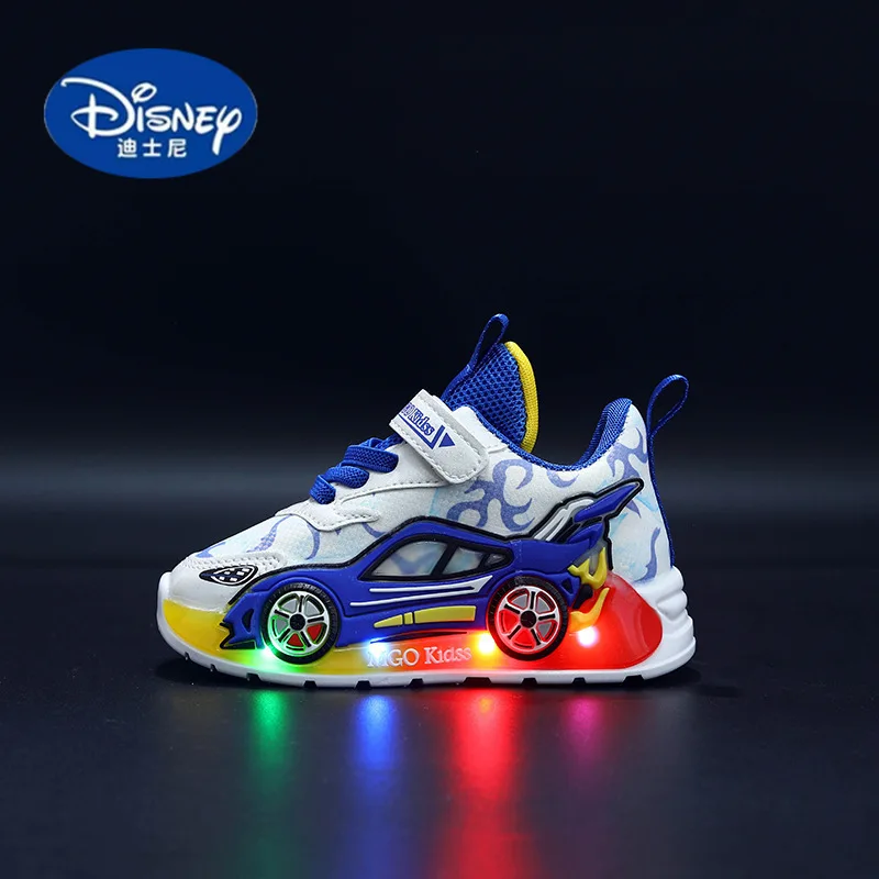 Disney 2025 Kids' Race Car LED Sneakers - Light-Up Leather Shoes for Boys 1-6 Years, Sports & Casual Play