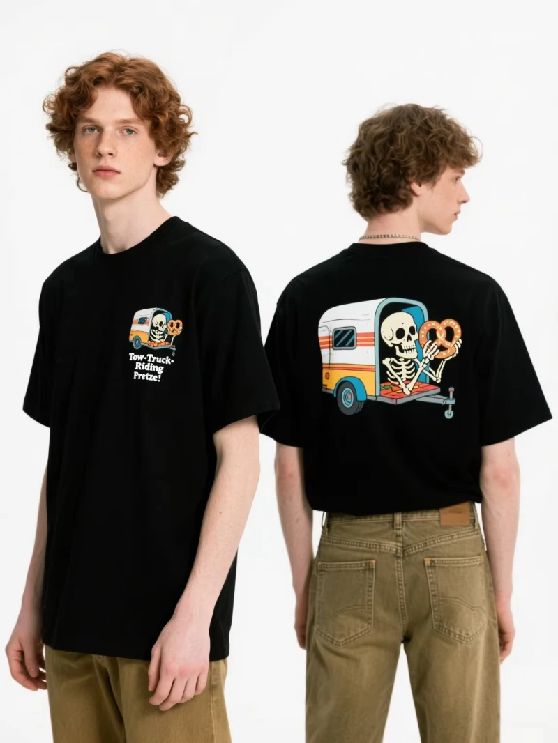 

2025 Fashion New Black Cotton T-Shirt Skull Van Tripping with Sandwich Graphic Trendy & Fun Round Neck Summer Luxury Brand New
