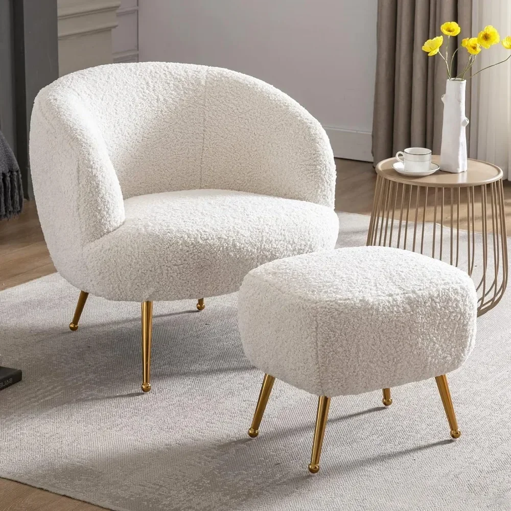 L Living Room Chair, Sherpa Upholstered Barrel Chairs With Footrest, Single Sofa Armchair, Living Room Chair