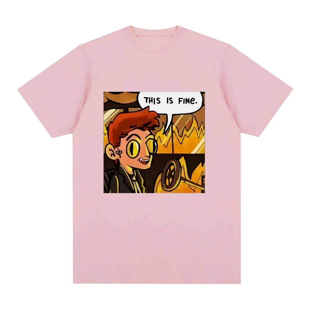 Good Omens This Is Fine Crowley Graphic T Shirt Men Fashion Vintage T Shirts Summer 100% Cotton Casual Cozy T-shirts Streetwears
