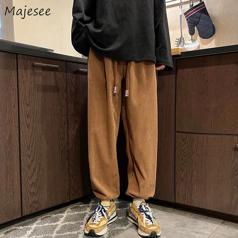 Men Casual Pants Corduroy Trousers Minimalist Handsome Solid All-match Retro Japanese Stylish Design Drawstring Штаны Teens Kpop