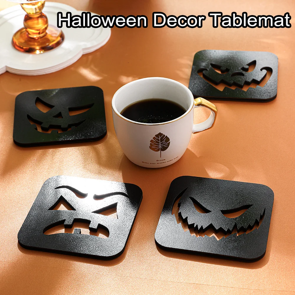 

4 Pcs Halloween Tabletop Decoration Placemats Light Luxury Wooden Coffee Non Slip Mats Halloween Party Decor Insulated Coasters