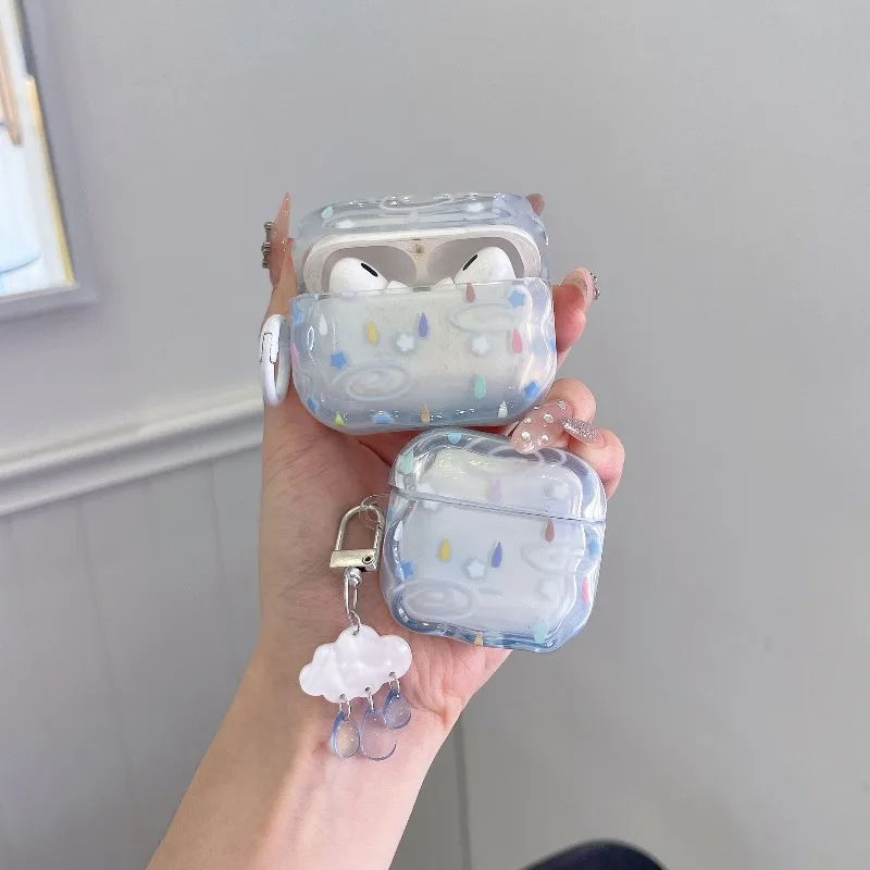 Cute Cloud Raindrop Earphone Case For AirPods 4 3 2 Pro 2 Pro 3 Transparent Soft TPU Headphone Cover With Keychain Pendant Funda