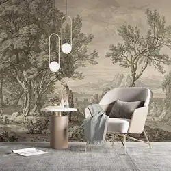 Vintage Scenic Wallpaper, Landscape Panoramic Wall Mural with trees in black and white pencil drawn