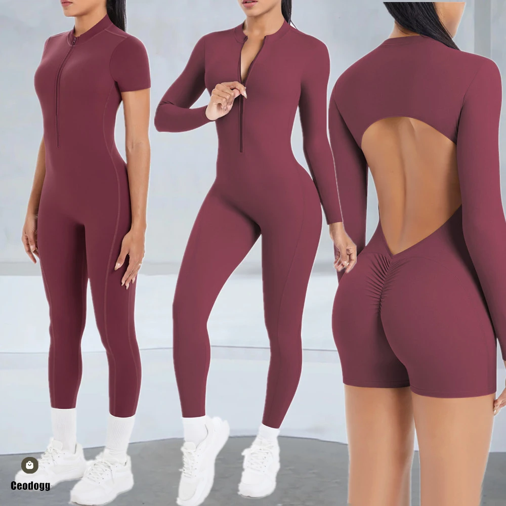Pad Yoga Set One-Piece Short Sleeve Jumpsuits Women Legging Zipper Sport Shorts Rompers Ladies Fitness Active Bodysuits XP51
