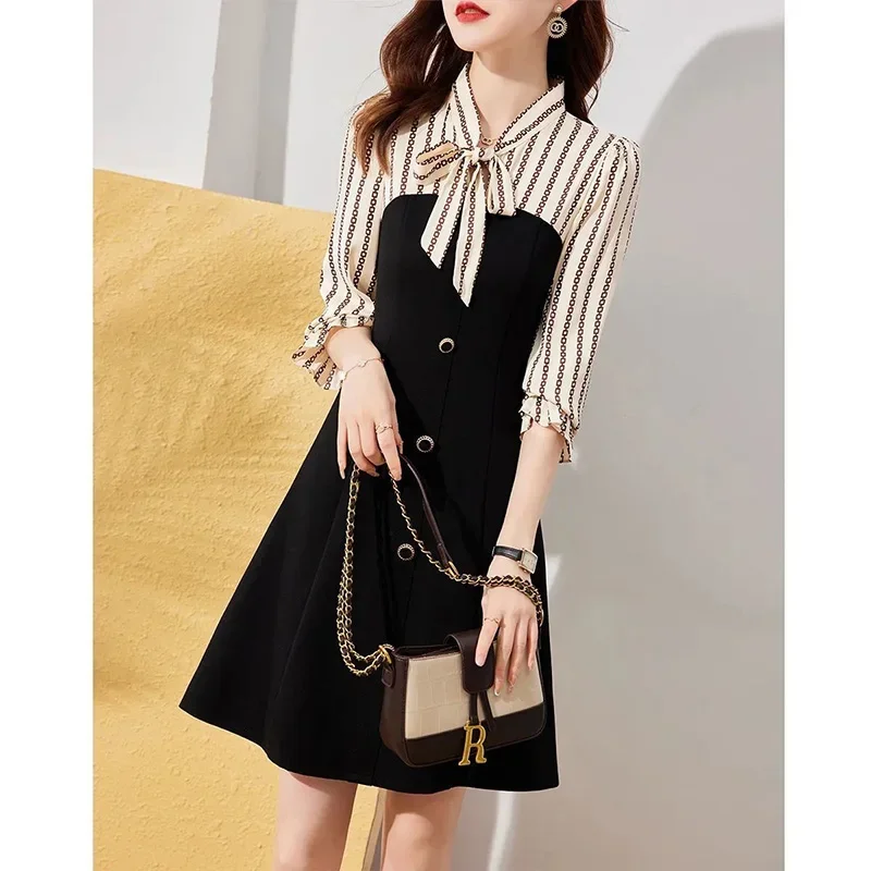 Women\'s Clothing Fashion Button Bow Elegant Dress Spring Autumn Office Lady Spliced Slim Knee-Length Dress