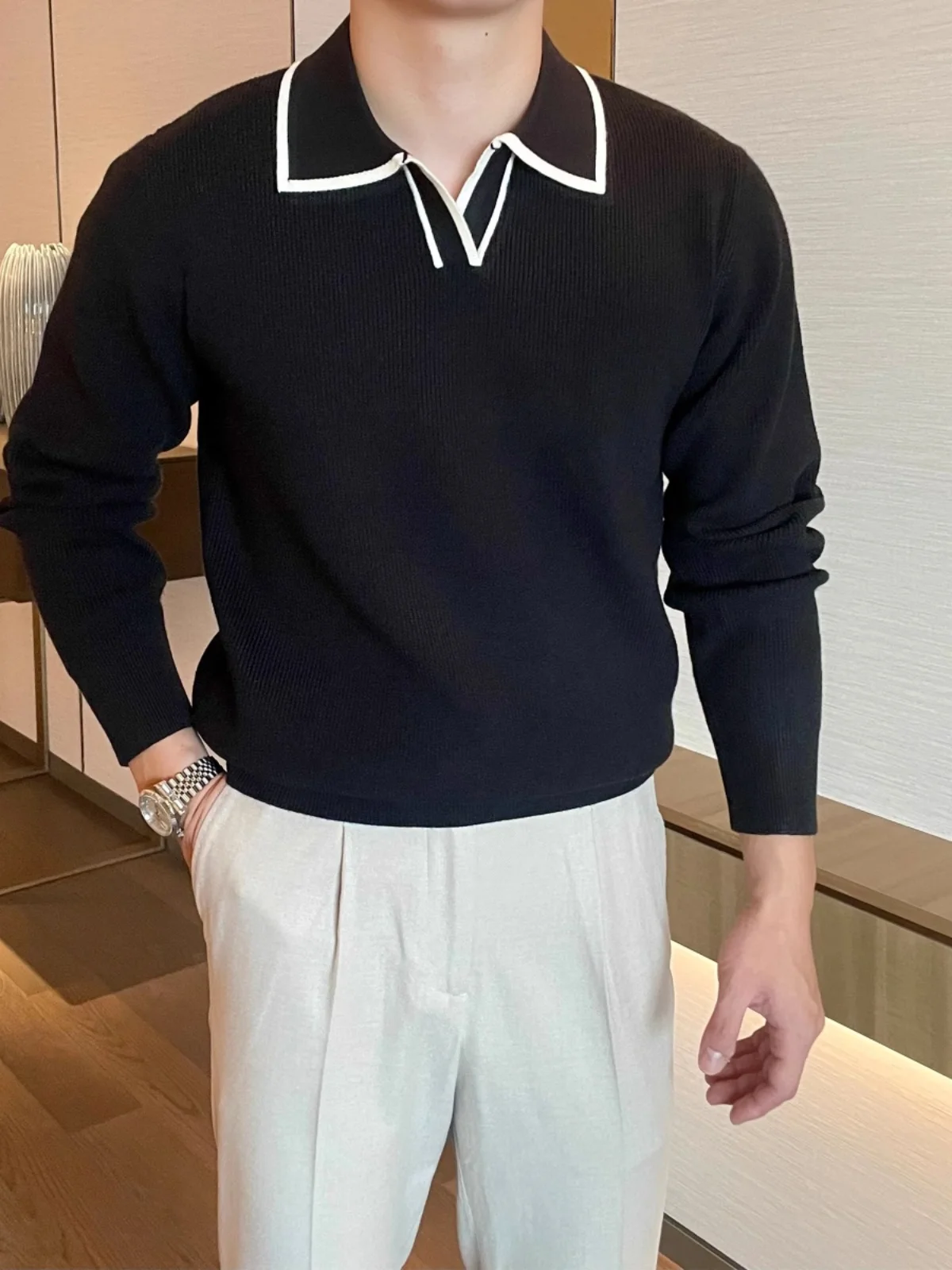 

Autumn Winter Casual Pointed Collar Knitted Sweater Men's Briti Retro Slim Fit Faion Color Blo Long Sve Lightweight ...