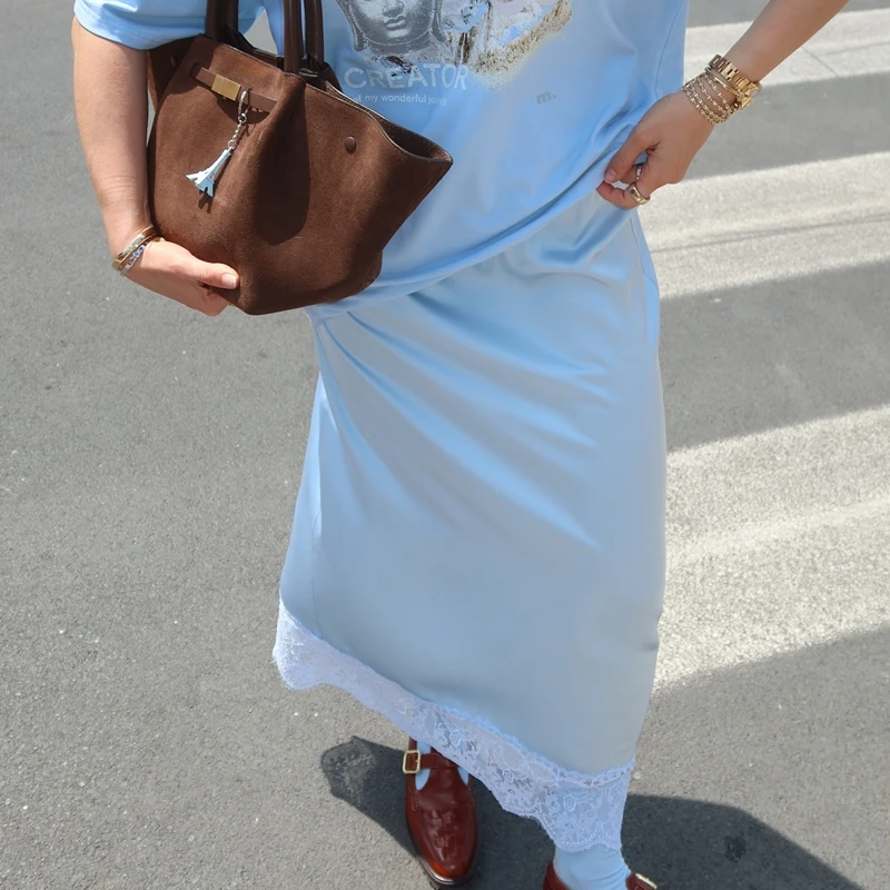 أنيقة الدانتيل المرقعة الساتان تنورة الجنية Coquette المرأة عالية الخصر الحرير ماكسي تنورة شيك موضة مثير سبليت تنورة نادي الطرف #3