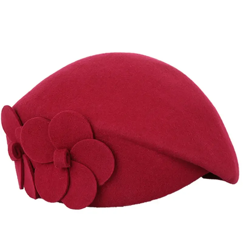 Vintage Black French Beret 100% Wool Hat for Women Red Pink Flower Fedora Winter Felt Ladies Church Hats Chepeau Feminino Gift