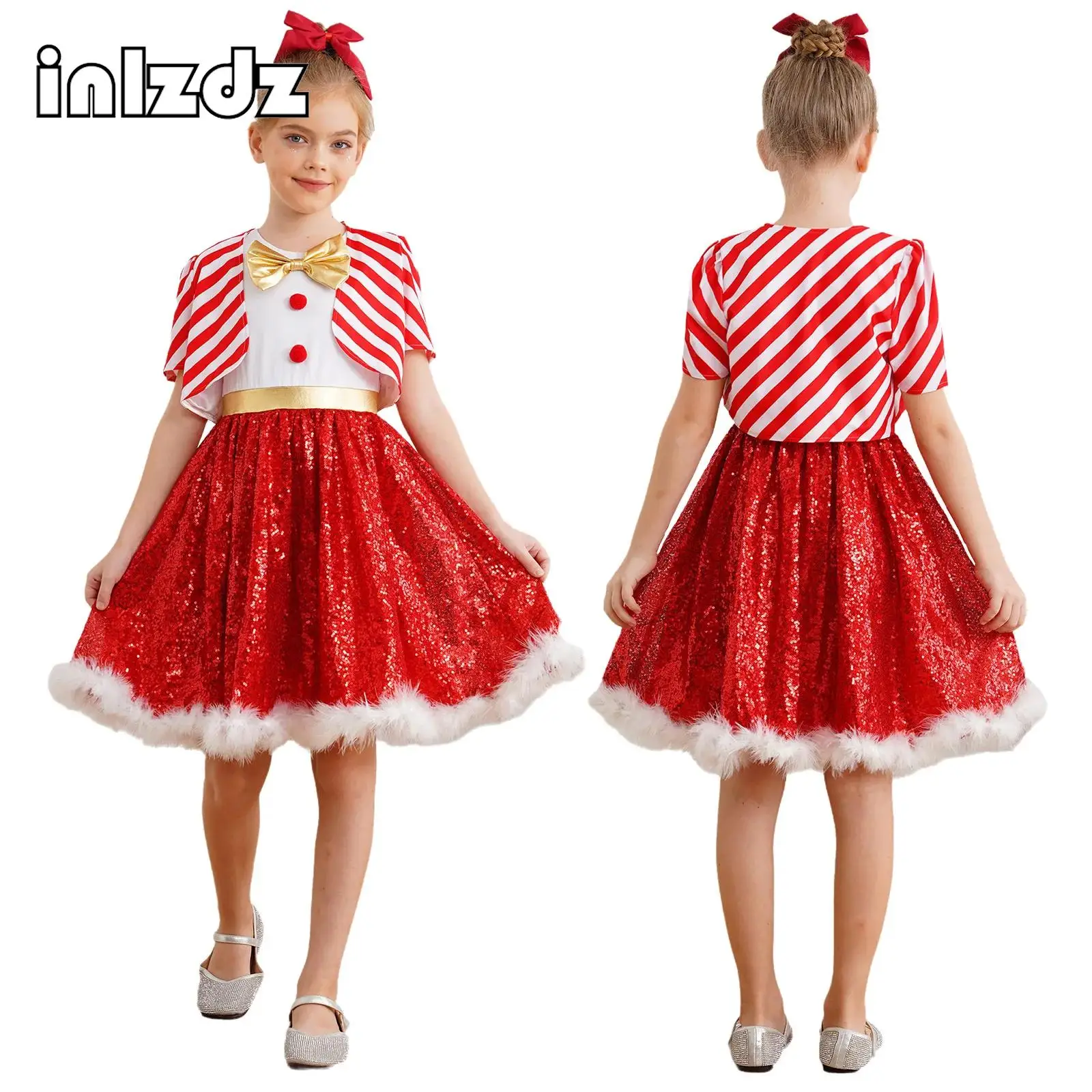 

Girls Princess Christmas Party Dress Candy Cane Santa Cosplay Outfits Striped Sequins Tutu Ballet Figure Skating Leotard Dress