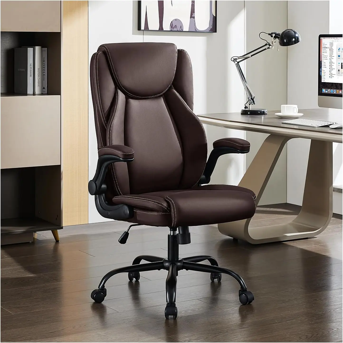 

Office Chair, Big And Tall 400 Lbs Ergonomic Home Computer Desk Leather Chair With Padded Flip Arms, Adjustable Tilt Lock,