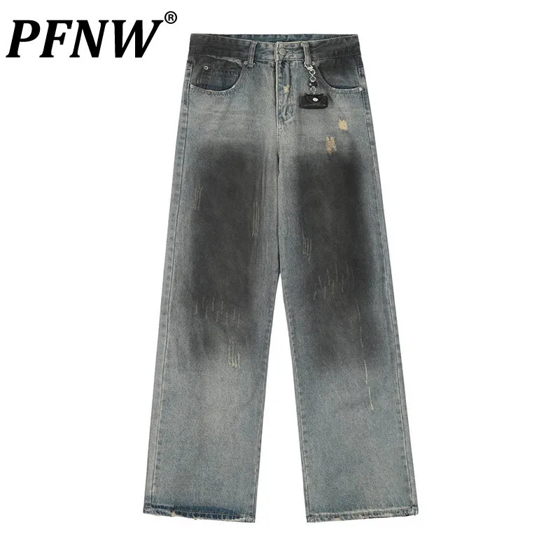 PFNW Men's Ripped Straight Jeans Contrast Color High Street Denim Pants Niche Design 2025 Summer Handsome Male Worn-out 28W3511