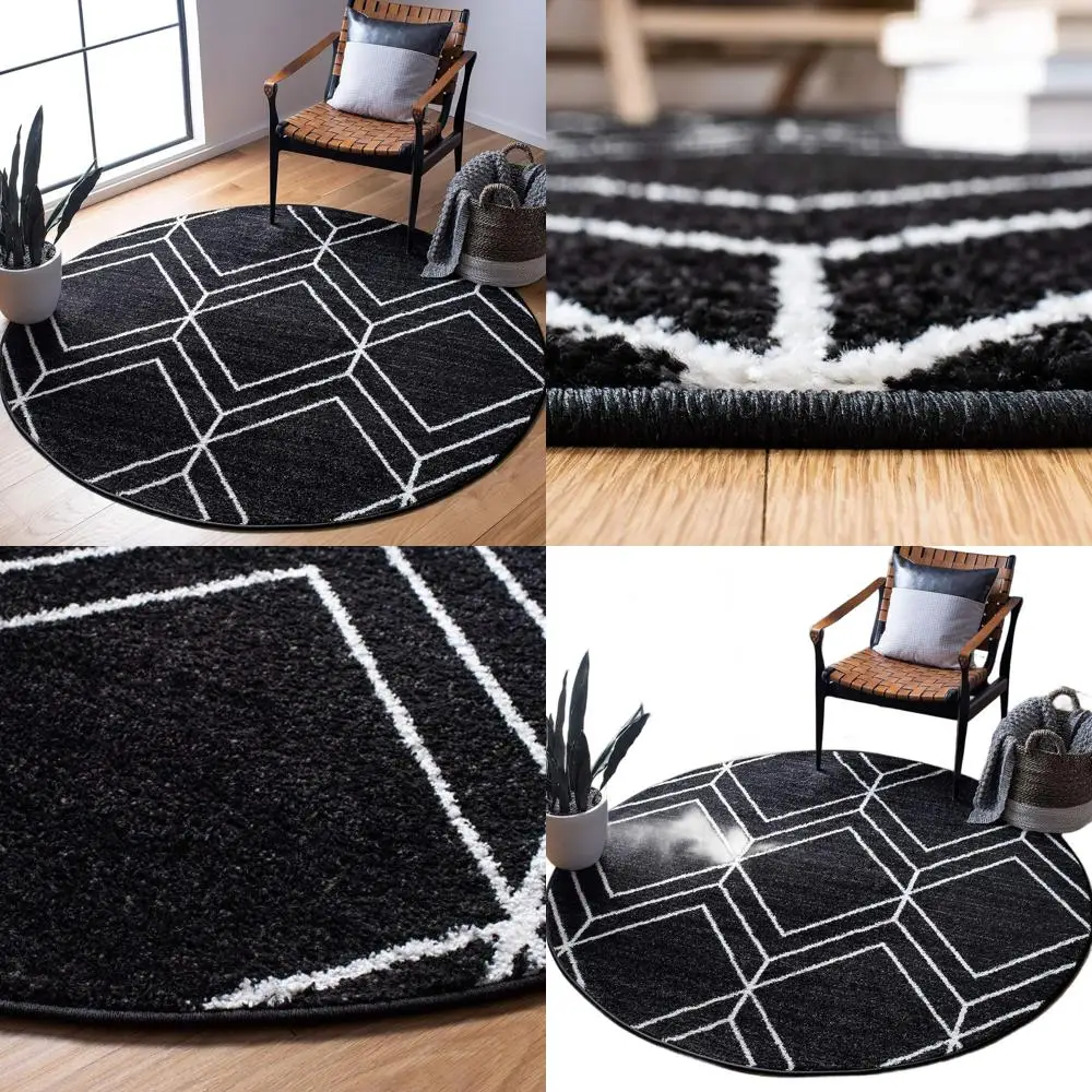 

Modern Geometric Area Rug, 6' Round, Black/Ivory, Non-Shedding, Suitable for Dining, Entryway, Living Room, Bedroom