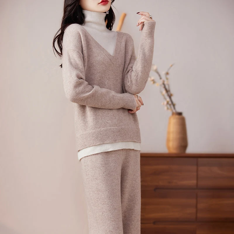 Autumn Winter 100% Merino Wool  Woolen Trousers Turtleneck Sweater Suit Soft Long Sleeve Fashion Casual Solid Color Clothes