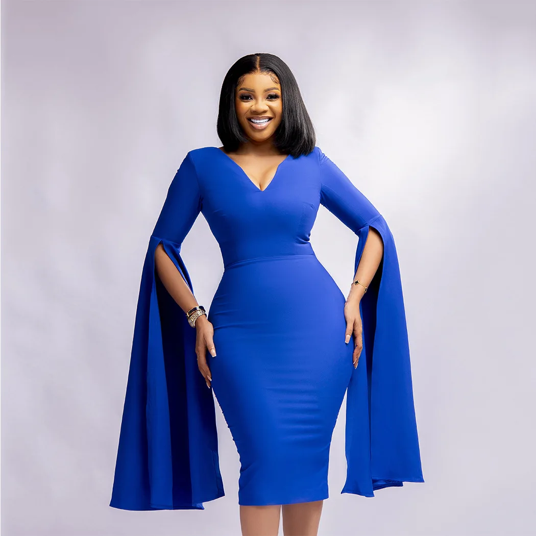 Fashionable Women's Clothing V-neck Clothes, Solid Color. Flutter Sleeves, Long Sleeve Pencil Clothes, Midi Clothes