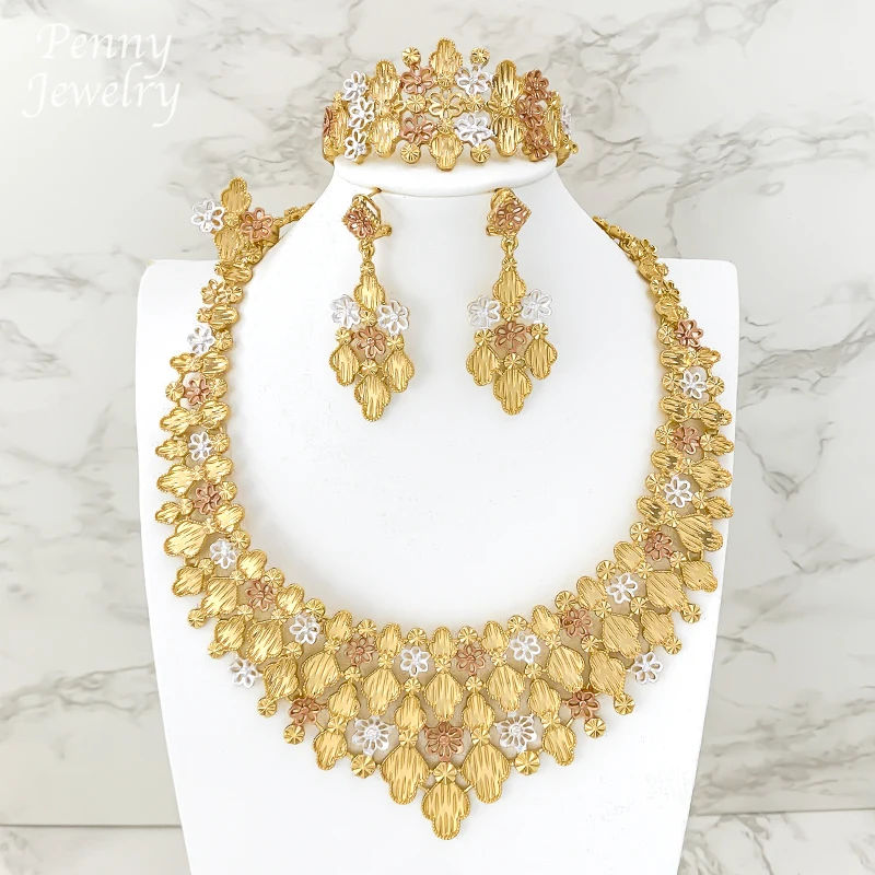 

Красочный классический комплект ювелирных изделий из 18-каратного золота в Дубае, уникальное ожерелье, серьги-капли, браслет, кольцо, африканский подарок для свадебной вечеринки