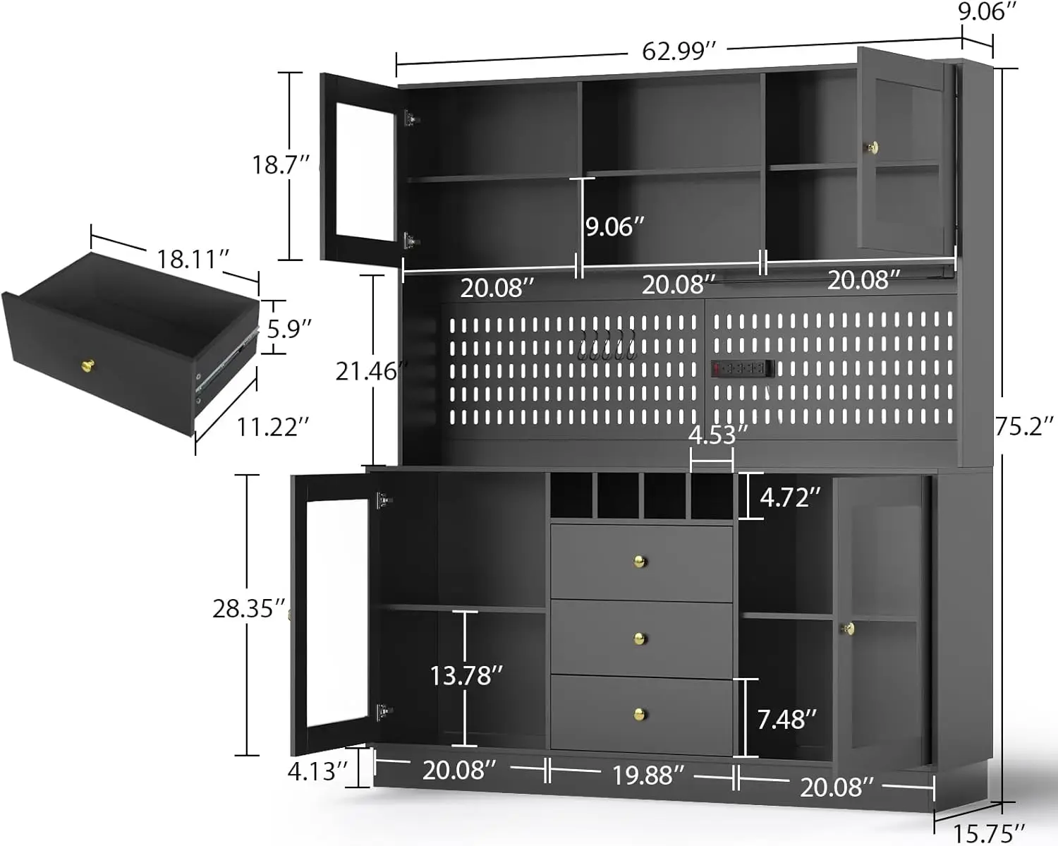 Clapier de cuisine avec panneau perforé et porte-gobelet, armoire de garde-manger, planche autoportante, prise de courant, 4 portes, 3 brochettes de proximité, panneau Chi