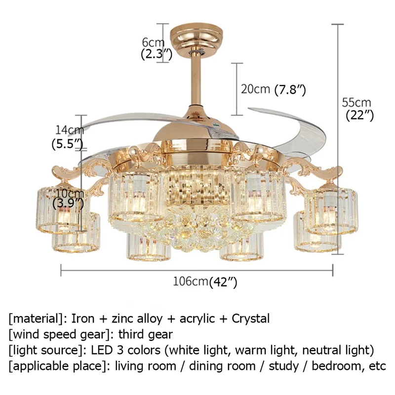 SOURA Ventilador De Teto Luzes Luxo Lâmpada De Cristal Controle Remoto Sem Lâmina Ouro Moderno Para Casa Sala De Jantar