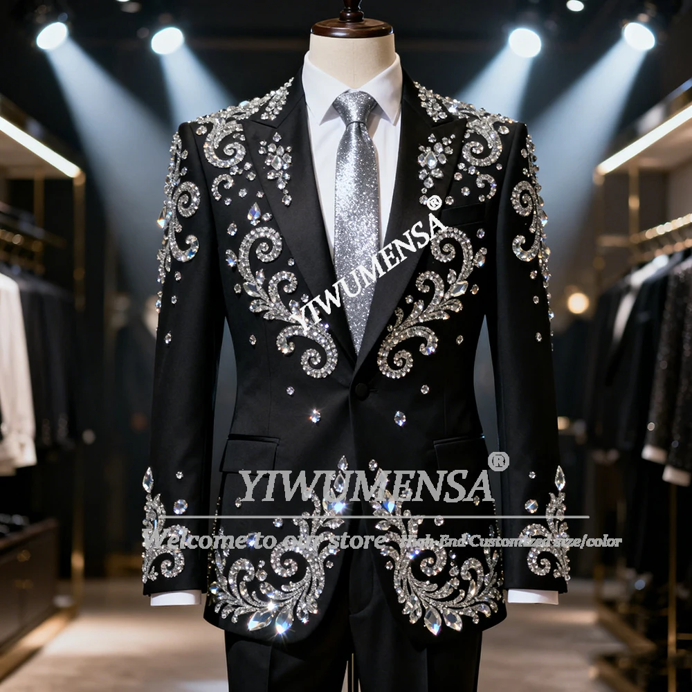 

Brilliant Men's Suit Rhinestones Beads Customized 2 Pieces Male Blazers Coats Pants Groom Wedding Tuxedos Outfits Slim Fit 2026