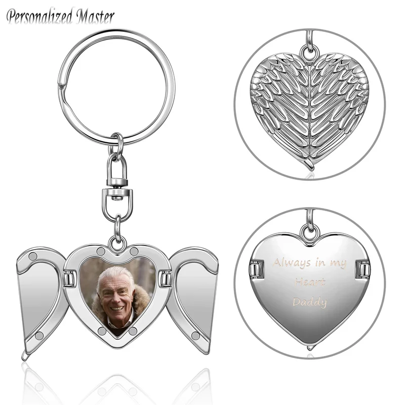 Personalized Master Heart Photo Angel Wings Locket Keychain Custom Picture Text Car Key Accessories Birthday Anniversary Gift