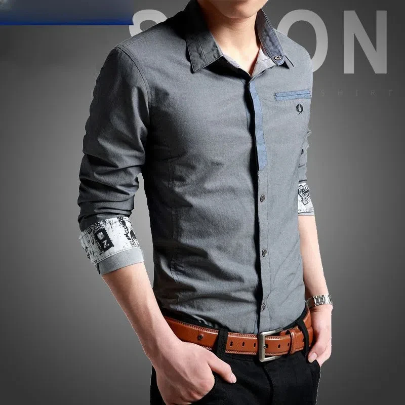 Contrast Color Spring Autumn Turn-down Collar Men's Clothing Long Sleeve Button Up Cardigan Shirt Coats Casual Business Tops